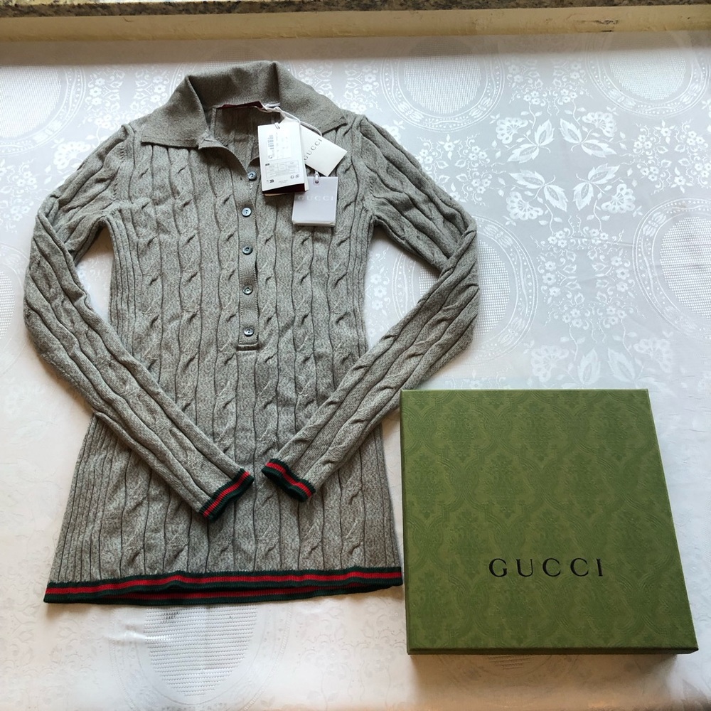 Gucci Gray Cable-Link Rib Knit Wool Polo Top Button-Up Sweater Women’s Size XS - Picture 14 of 16